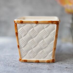 Asahi Japan vintage white ceramic planter basket woven design bamboo trim 4"